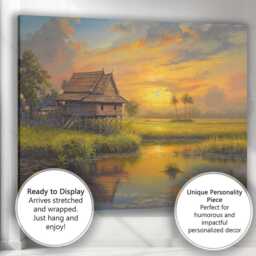 Peaceful Countryside Stilt House River Sunset Landscape Canvas Wall Art Print Decor Picture Ready To Hang - thumbnail 3