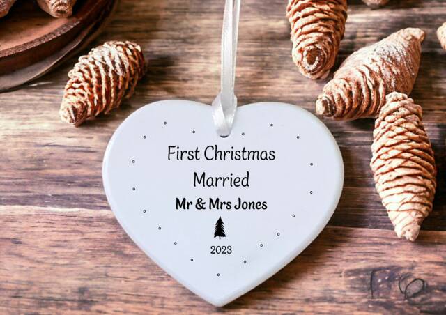 First Christmas Married As Mr Mrs Ceramic/Porcelain Heart Hanging Decoration Keepsake - Gift For Living Together Couple - image 1