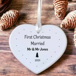 First Christmas Married As Mr Mrs Ceramic/Porcelain Heart Hanging Decoration Keepsake - Gift For Living Together Couple - thumbnail 2