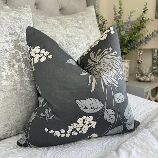 steel Grey Floral Cushion Cover, Modern Pillow Cover With Design, Double Sided - Handmade in UK Contemporary Home Decor - image 1