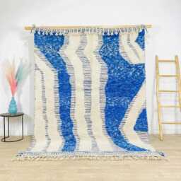 Moroccan Blue & White Berber Rug, Handwoven Wool Shag Rug With Abstract Stripes, Authentic Beni Ourain Style Carpet, Large Area - thumbnail 1