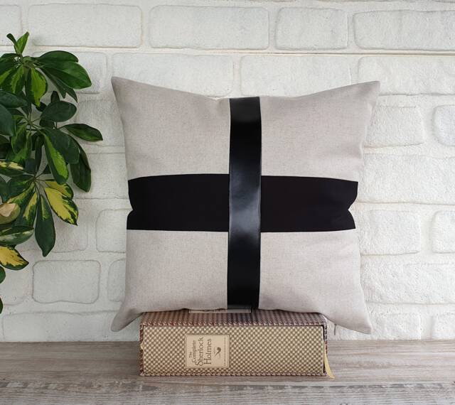 Color Block Pillow Cover Black Faux Leather & Linen - image 1