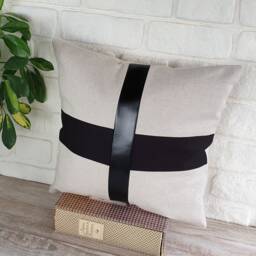 Color Block Pillow Cover Black Faux Leather & Linen - thumbnail 3
