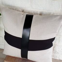Color Block Pillow Cover Black Faux Leather & Linen - thumbnail 2