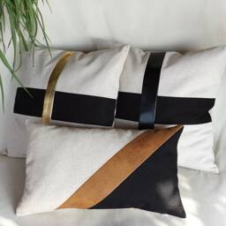 Color Block Pillow Cover Black Faux Leather & Linen - thumbnail 4