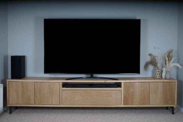 Hand-Crafted Large Oak Tv Cabinet - Harrods Design Media Center, Storage Console Clear Satin Finish - image 1