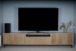 Hand-Crafted Large Oak Tv Cabinet - Harrods Design Media Center, Storage Console Clear Satin Finish