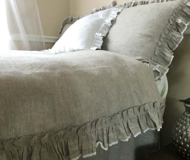 Ruffle Duvet Cover Handmade in Natural Linen Vintage Ruffle Style With Lace Trim, Bedding, Shabby Chic Bedding - image 1