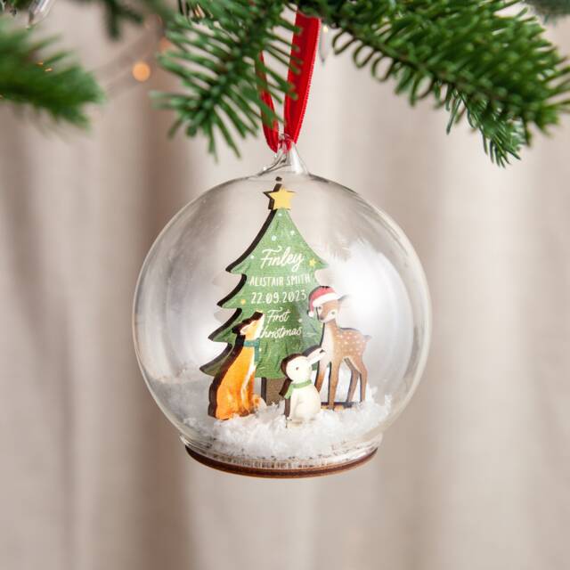 Woodland Animals Baby Details Bauble - Personalised First Christmas Glass New Gift - image 1