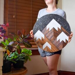 Snowy Mountain Wood Wall Art Round Mosaic, Boho Decor - thumbnail 3