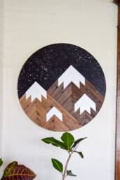 Snowy Mountain Wood Wall Art Round Mosaic, Boho Decor - thumbnail 1