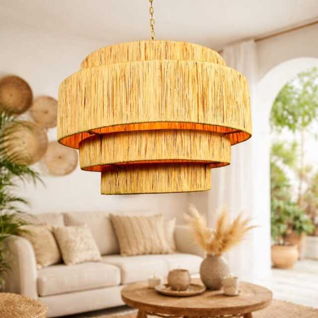 Moroccan Handmade Rattan Lampshade - Large 4-Tier Wicker & Raffia Pendant Light, Boho Straw Ceiling Shade - image 1