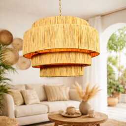 Moroccan Handmade Rattan Lampshade - Large 4-Tier Wicker & Raffia Pendant Light, Boho Straw Ceiling Shade - thumbnail 1