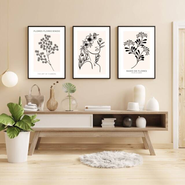 Brush Strokes Neutral Prints Flower Print Plant Wall Art Beige Decor Bedroom Set Of 3 Floral Line - image 1