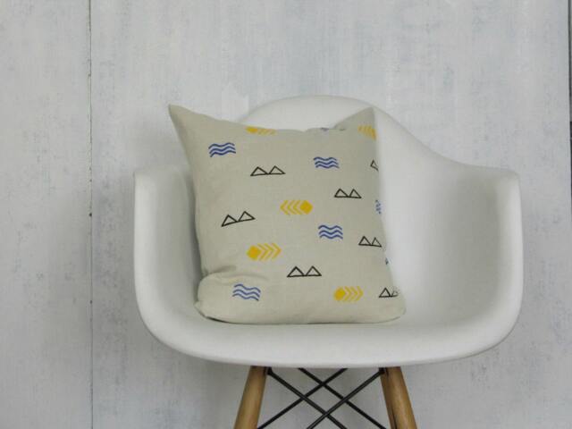 Cream Linen Pillow Cover With Black Blue & Yellow Symbols/Flax Symbol Accent Cushion Decorative Throw Heiroglyphics Native American - image 1