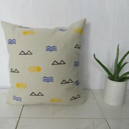 Cream Linen Pillow Cover With Black Blue & Yellow Symbols/Flax Symbol Accent Cushion Decorative Throw Heiroglyphics Native American - thumbnail 2