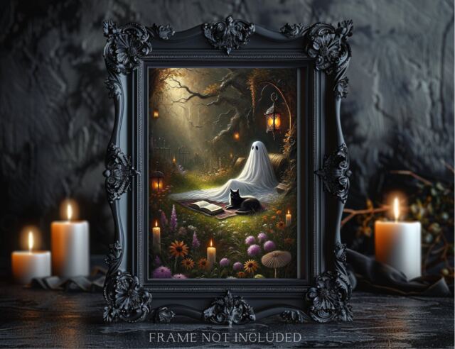 Black Cat & Ghost in Wildflowers, Reading Books, Victorian, Gothic Home Decor, Lover, Book Library Wall Art, A5 A4 A3 - image 1