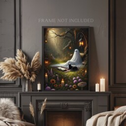 Black Cat & Ghost in Wildflowers, Reading Books, Victorian, Gothic Home Decor, Lover, Book Library Wall Art, A5 A4 A3 - thumbnail 3