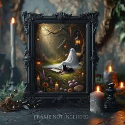 Black Cat & Ghost in Wildflowers, Reading Books, Victorian, Gothic Home Decor, Lover, Book Library Wall Art, A5 A4 A3 - thumbnail 2