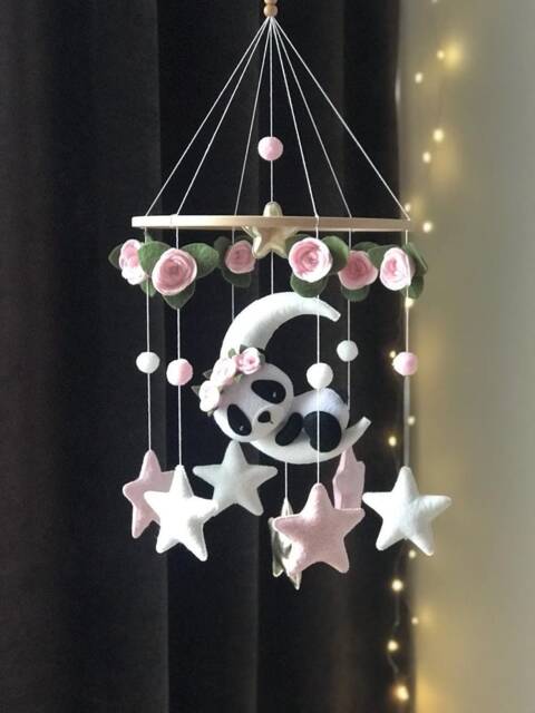 Felt Panda Moon Baby Mobile Roses, Stars, Nursery Decor - image 1
