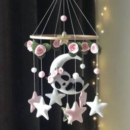 Felt Panda Moon Baby Mobile Roses, Stars, Nursery Decor - thumbnail 2