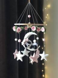 Felt Panda Moon Baby Mobile Roses, Stars, Nursery Decor - thumbnail 1