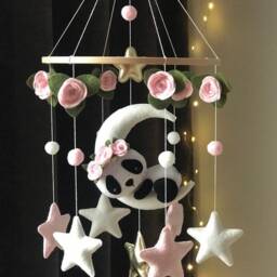 Felt Panda Moon Baby Mobile Roses, Stars, Nursery Decor - thumbnail 3