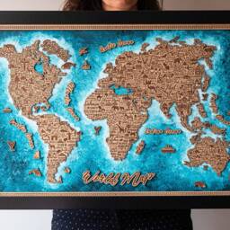 Hand-Painted Wooden World Map Wall Art - Rustic Travel Decor - thumbnail 2