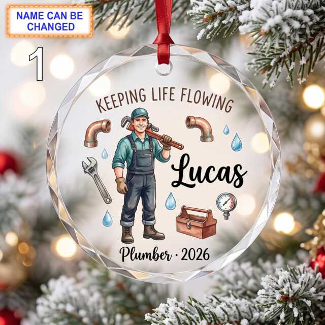 Keeping Life Flowing Christmas Glass Ornament, Custom Plumber Keepsake With Wrench, Pipes, Faucet & Essential Work Tools - image 1