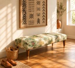Handmade Upholstered Ottoman Seated Bench - Mythical Tropical Floral Forest