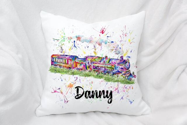 Personalised Watercolour Rainbow Vintage Steam Train Cushion, Cuddle Pillow, Birthday Gift - image 1