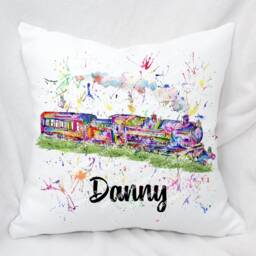 Personalised Watercolour Rainbow Vintage Steam Train Cushion, Cuddle Pillow, Birthday Gift - thumbnail 3