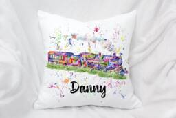 Personalised Watercolour Rainbow Vintage Steam Train Cushion, Cuddle Pillow, Birthday Gift - thumbnail 1
