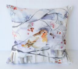 Handmade Winter Robin Cushion Voyage Maison Watercolor Print, Laura Ashley Back - thumbnail 1