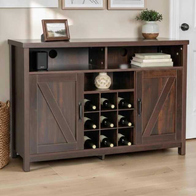 Farmhouse Buffet Cabinet Rustic Sideboard With 9-Bottle Wine Rack, Adjustable Shelves - image 1