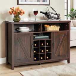 Farmhouse Buffet Cabinet Rustic Sideboard With 9-Bottle Wine Rack, Adjustable Shelves - thumbnail 3