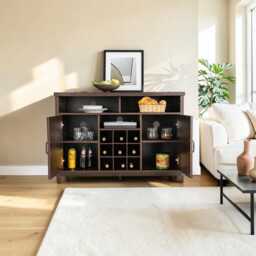 Farmhouse Buffet Cabinet Rustic Sideboard With 9-Bottle Wine Rack, Adjustable Shelves - thumbnail 2
