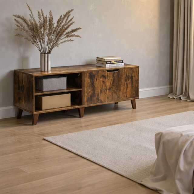 Retro Tv Console 140cm Rustic Brown Stand Cabinet With 2 Doors & Adjustable Shelves - image 1