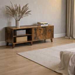Retro Tv Console 140cm Rustic Brown Stand Cabinet With 2 Doors & Adjustable Shelves - thumbnail 1