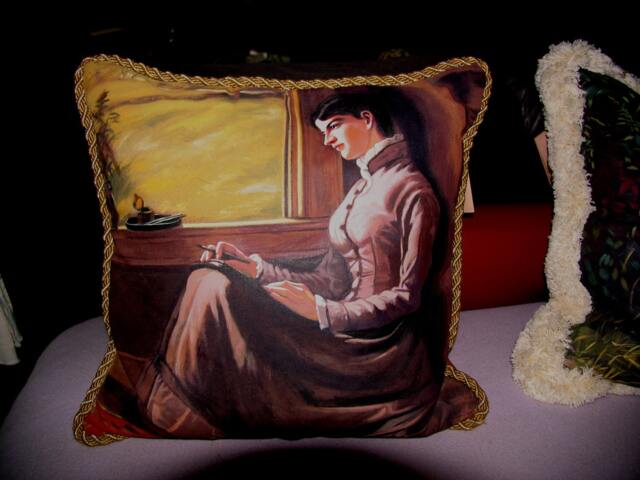 Hand Painted Art Pillow - One Of A Kind Woman Writing Letter Feather/Down Insert High Quality