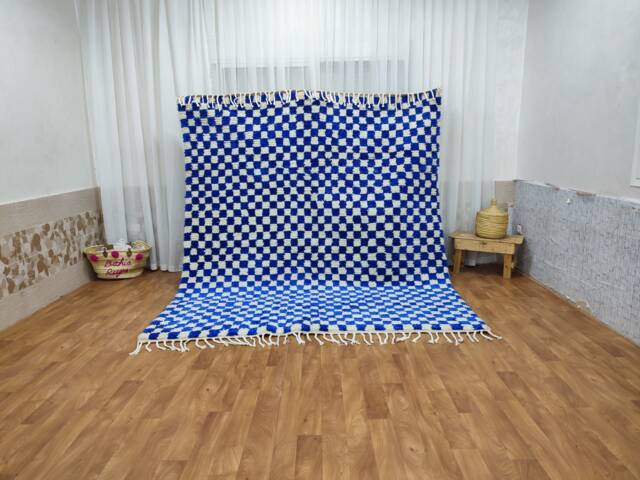 Handwoven Moroccan Wool Rug, Blue & White Checkered Berber Carpet, Boho Interior Decor - image 1