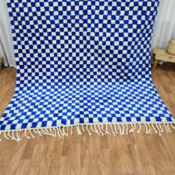 Handwoven Moroccan Wool Rug, Blue & White Checkered Berber Carpet, Boho Interior Decor - thumbnail 3
