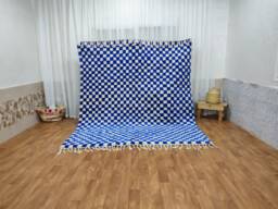 Handwoven Moroccan Wool Rug, Blue & White Checkered Berber Carpet, Boho Interior Decor - thumbnail 1
