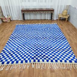 Handwoven Moroccan Wool Rug, Blue & White Checkered Berber Carpet, Boho Interior Decor - thumbnail 4