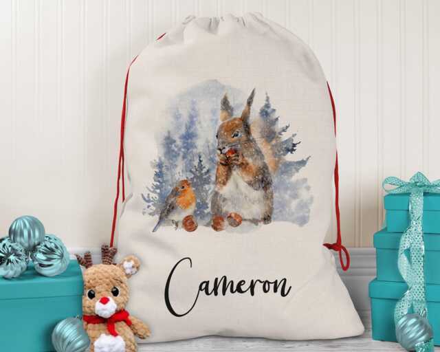 Personalised Large Christmas Sack Robin & Squirrel Design Xmas Stocking Gift Rudolph Red Drawstring Decoration Sk073 - image 1