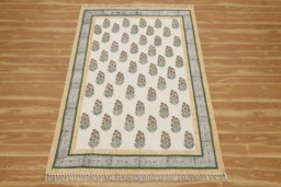 Handmade Block Printed Cotton Rug Yellow Beige Floral Kilim
