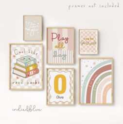 Set Of 6 Personalised Prints in Pastel, Wildflower Art, Teen Girl Nursery Bedroom Decor, Gallery Wall Print Bundle - thumbnail 1