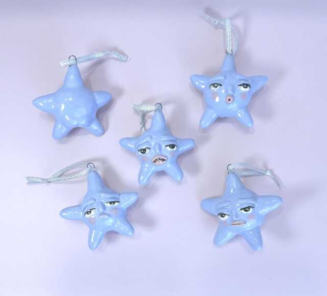 Handmade Ceramic Christmas Ornaments - Set Of 5 Funny Star Ornaments, Whimsical Faces & Butts, Unique Holiday Tree Decor - image 1