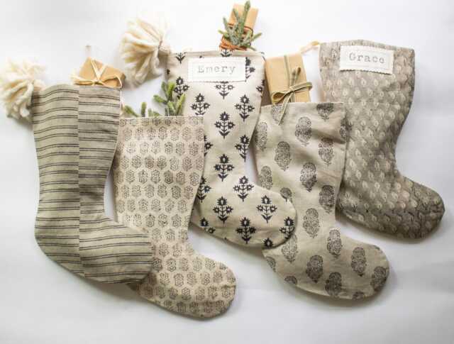 Neutral Linen Christmas Stockings For Family, Gray Block Print Holiday With Name Tags, Modern Farmhouse Personalized - image 1