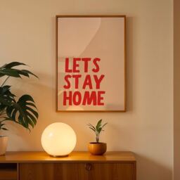 Let's Stay Home Quote Print, Welcome Poster, Modern Wall Art, Retro Typography Cosy Decor, Red Trendy Minimalist Sign - thumbnail 2